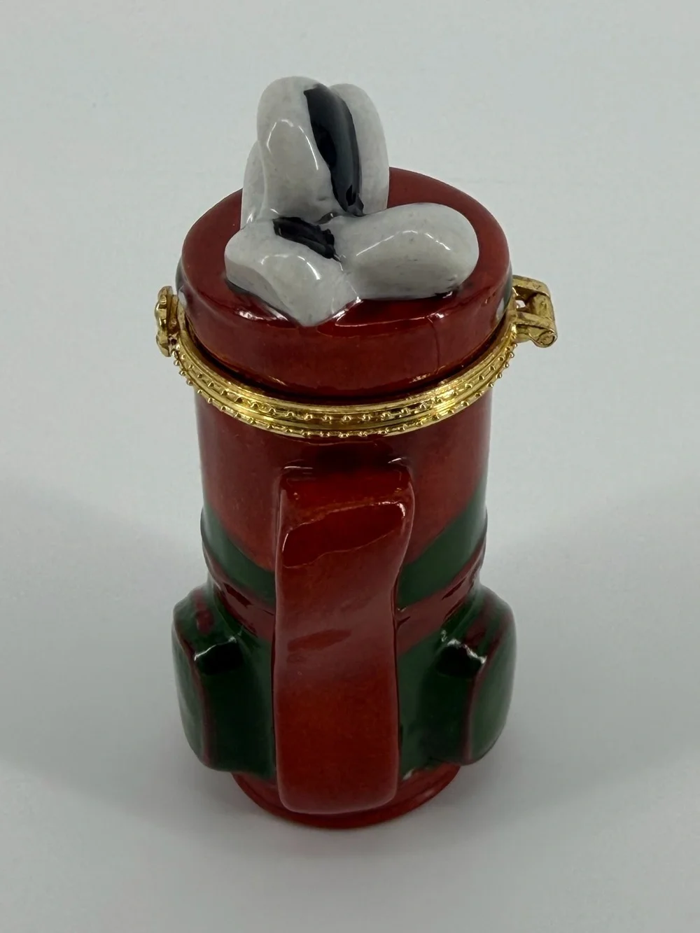 Vintage Golf Bag & Clubs Porcelain Hinged Trinket Box in Green Brown Gold